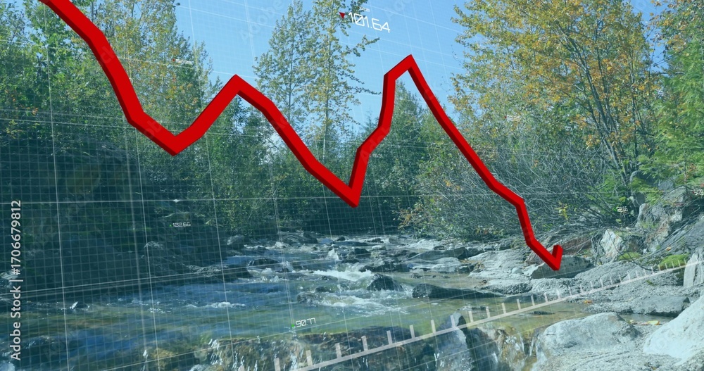 Fototapeta premium Displaying red line chart arrow trending downward over rocky forest river, with translucent grid