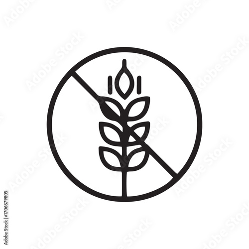 Gluten-Free Icon Vector, No Wheat Allergy Symbol. Celiac Diet Food Product Label, Black Line Art Isolated on White Background.