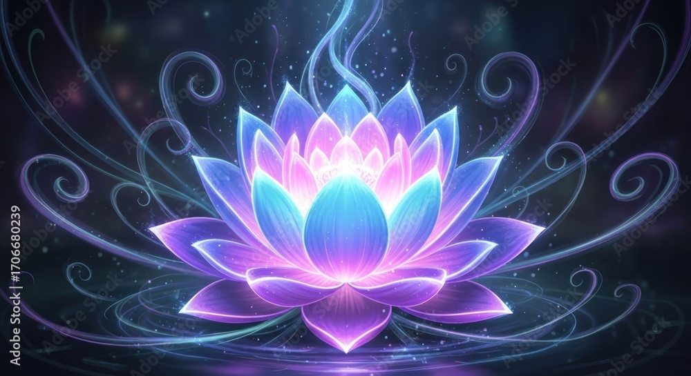 Fototapeta premium A vibrant, glowing lotus flower, bathed in ethereal light, with swirling, elegant patterns, exudes a serene and magical ambiance.