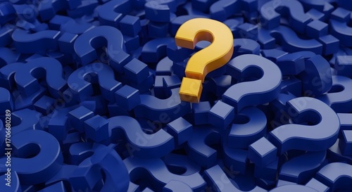 Sea of Doubt: A Vast Collection of Dark Blue Question Marks, Overlapping and Reflective, Dominated by a Single, Brilliant Golden Question Mark Shining Through the Uncertainty!