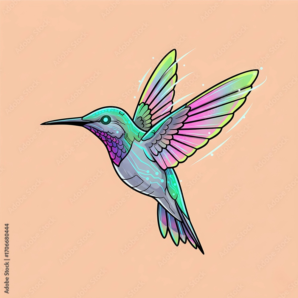 Obraz premium Vibrant Hummingbird in Flight A Close-Up Illustration of a Jewel-Toned Bird with Delicate Wings