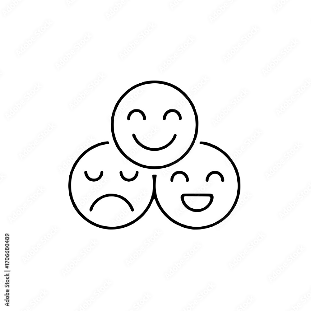 Fototapeta premium Versatile line art icon illustrating a spectrum of human emotions, featuring happy and sad face expressions for various digital interfaces