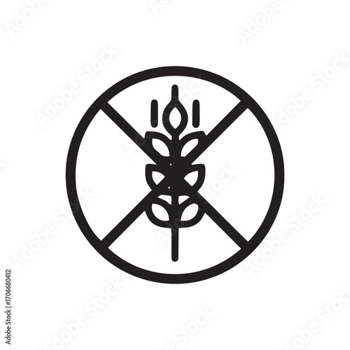 Gluten-Free Icon Vector, No Wheat Allergy Symbol. Celiac Diet Food Product Label, Black Line Art Isolated on White Background.
