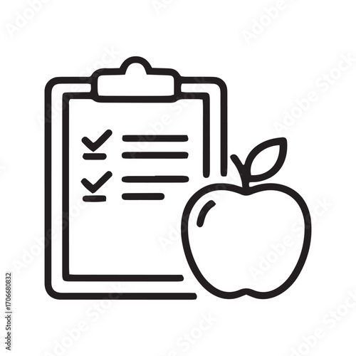 Diet Plan Icon with Clipboard and Apple, Healthy Eating Checklist Vector Symbol
