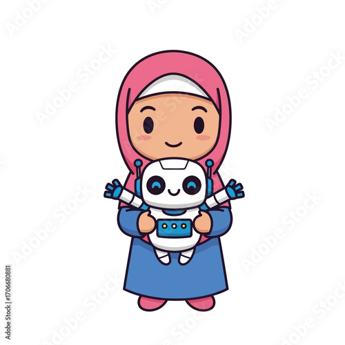 Adorable cartoon illustration of a happy Muslim girl in a pink hijab holding a cute, friendly white and blue robot, symbolizing the blend of culture, technology, and childhood innocence