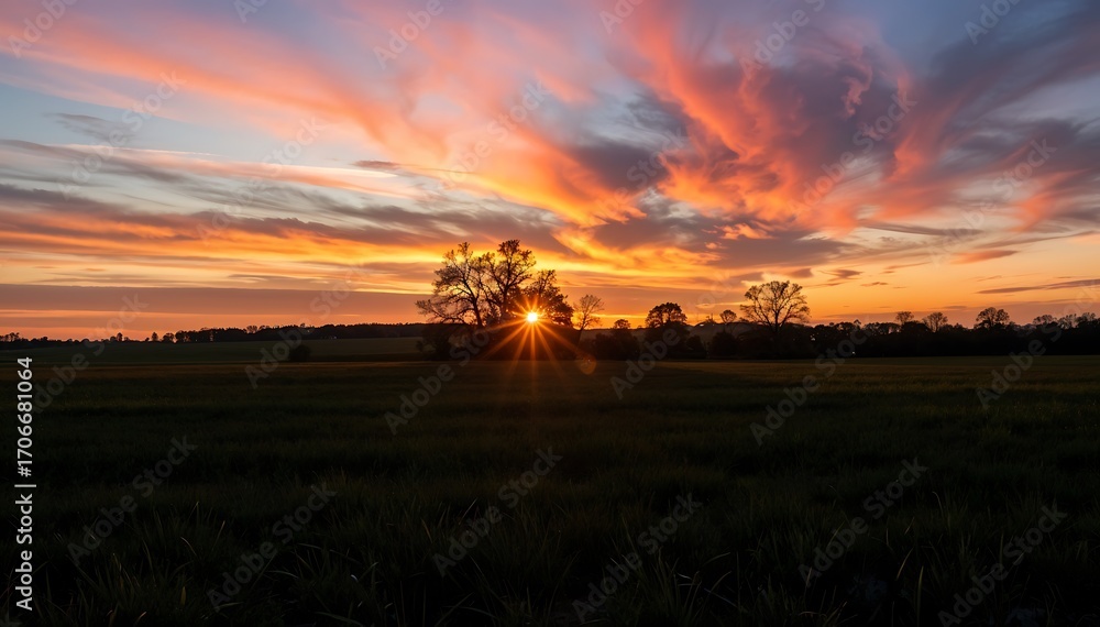 Obraz premium Dramatic Sunset Sky Over Rural Field with Silhouetted Tree