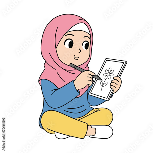 A creative young Muslim girl wearing a pink hijab passionately drawing a beautiful flower on a digital tablet, expressing her artistic hobby