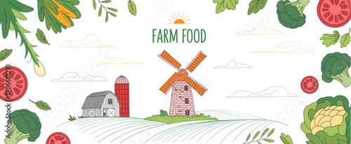 An artistic representation of a tranquil farm setting featuring fresh produce, a barn, and a windmill, capturing the essence of rural life and sustainable farming practices.