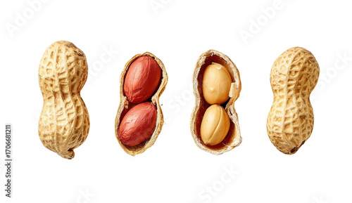 Four peanuts, two whole and two halved, displayed against a black background.  The halved peanuts reveal the reddish-brown inner nut.  A slight outline highlights each peanut