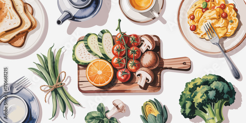 An artistic layout of fresh vegetables, eggs, and aromatic tea, showcasing the beauty of wholesome ingredients in preparing healthy and nourishing dishes at home.