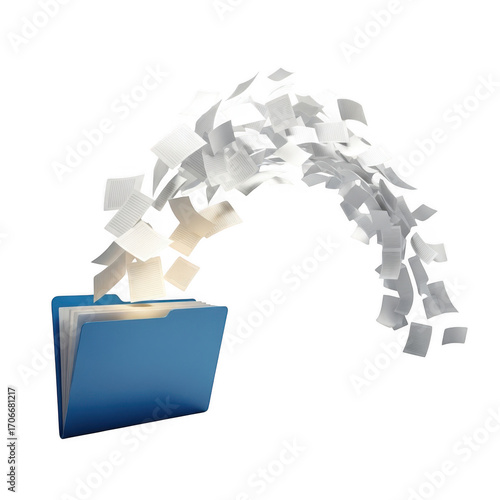 Documents flying out of folder representing data transfer information overload transparent background