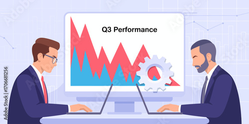 Business analysts reviewing performance for Q3, showcasing data-driven insights through performance analysis, aimed at driving future business success and decisions.