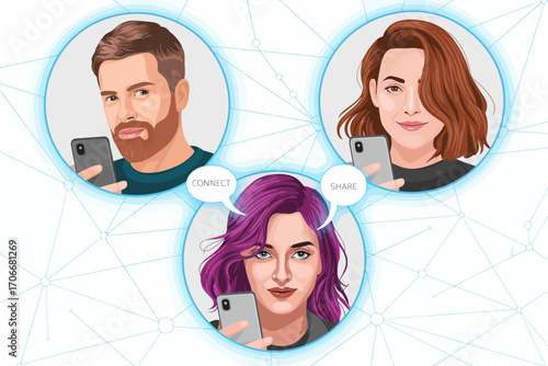 An illustration of three individuals using their mobile phones, emphasizing connection, sharing, and communication in the contemporary digital landscape.