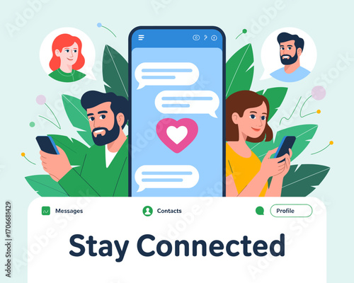 Showcasing a messaging app interface, this design emphasizes user connection and communication through dynamic messaging, highlighted by colorful graphics and modern aesthetics.