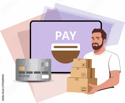 In this illustration, a joyful man is seen with boxes, showcasing the blend of e-commerce with modern payment options on a digital screen, representing convenience.