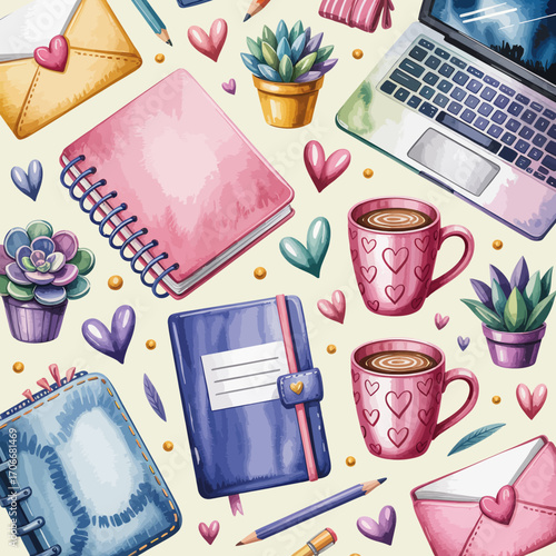 An appealing arrangement of stationery items, including notebooks, plants, and coffee mugs, creates an inviting atmosphere perfect for studying, planning, or inspiring creativity.
