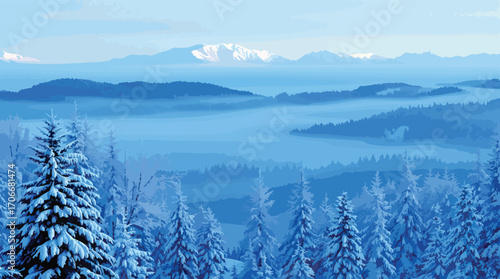 Snow- Covered Evergreen Forest and Distant Snow- Capped Mountains in Winter Landscape.