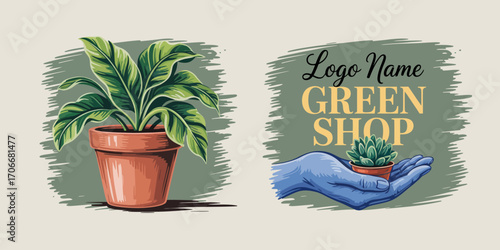 An elegant logo design that merges a potted plant with a stylized hand, emphasizing themes of eco-friendliness and the nurturing relationship between people and nature artistically.