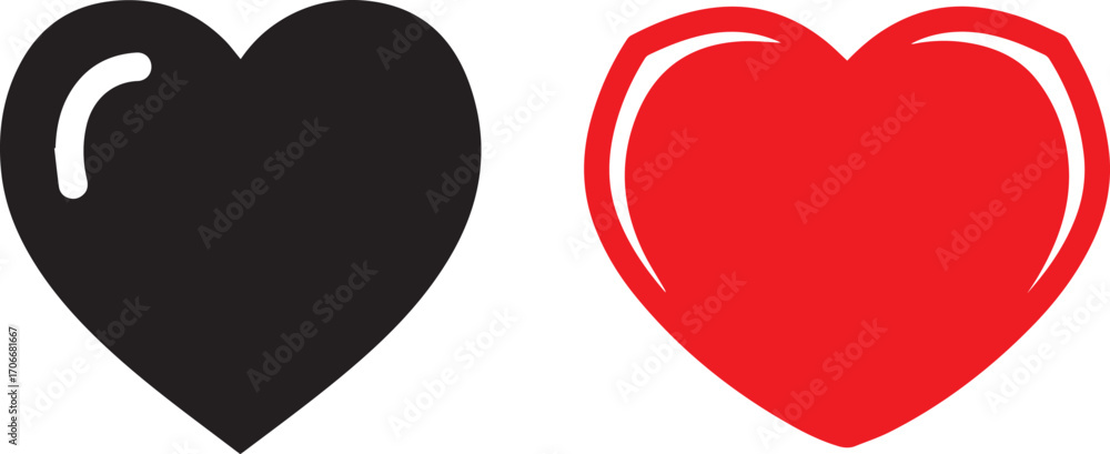 Obraz premium Pair of Stylized Heart Icons in Black and Red with Glossy and Outlined Effects on White