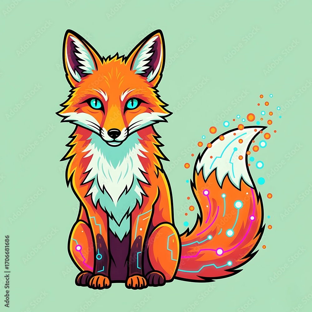 Obraz premium Digital Fox Illustration with Glowing Circuitry Tail and Blue Eyes on a Soft Green Background