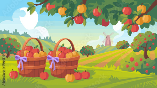 An inviting scene showcasing two wicker baskets filled with colorful apples, set against a vibrant backdrop of hills, trees, and a classic windmill under a blue sky.
