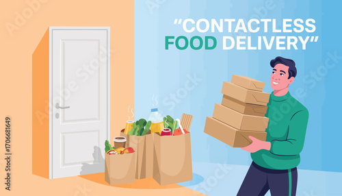This image depicts a joyous delivery person carrying multiple boxes of food and groceries to a contactless delivery location, symbolizing modern convenience and service.