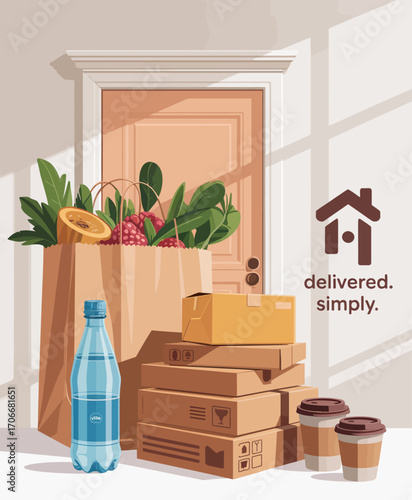 A bright indoor scene with fresh groceries and boxes ready for delivery, conveying the essence of home convenience and the importance of fresh products in everyday life.