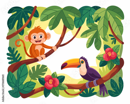 This charming image displays a playful monkey perched on a branch alongside a toucan, surrounded by lush vegetation, perfectly capturing the charm of tropical wildlife.