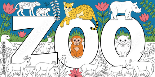 This coloring page features a variety of charming zoo animals in a whimsical setting, encouraging children to express their creativity and imagination through art.