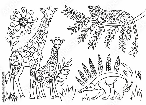 This black-and-white illustration beautifully portrays giraffes, a leopard, and an anteater, all while conveying the essence of wildlife in a serene natural landscape.