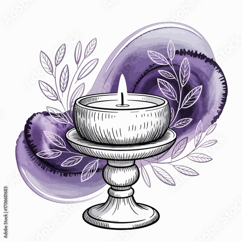 A simple yet elegant candleholder adorned with a gently burning candle, set against soft watercolor florals, evoking tranquility, beauty, and serene home decor vibes.