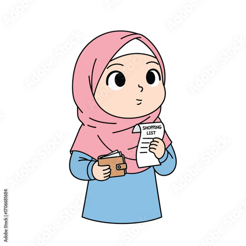 Cute Muslim girl in a pink hijab thoughtfully checks her shopping list while holding a wallet, preparing for grocery shopping