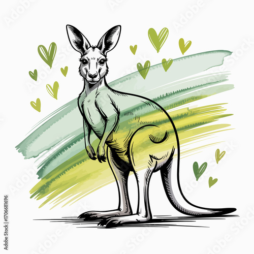 A stunning graphic illustration of a kangaroo surrounded by love-themed elements, showcasing the balance of strength and tenderness inherent to nature's creatures.