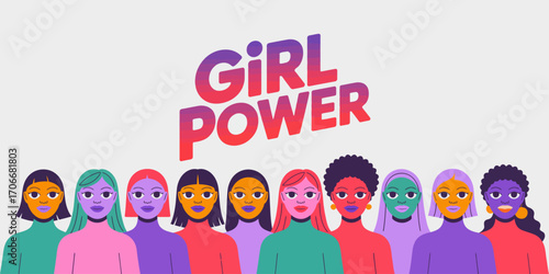 A captivating illustration portraying a diverse group of women, celebrating their uniqueness and unity, representing girl power and contemporary feminism.