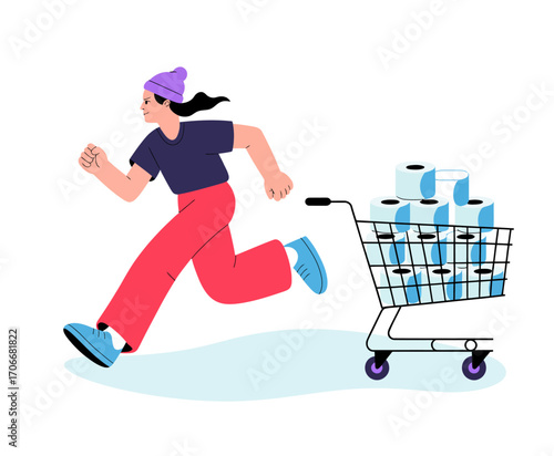 A determined individual runs with a shopping cart stacked with white rolls, illustrating the excitement and rush of making quick grocery purchases.