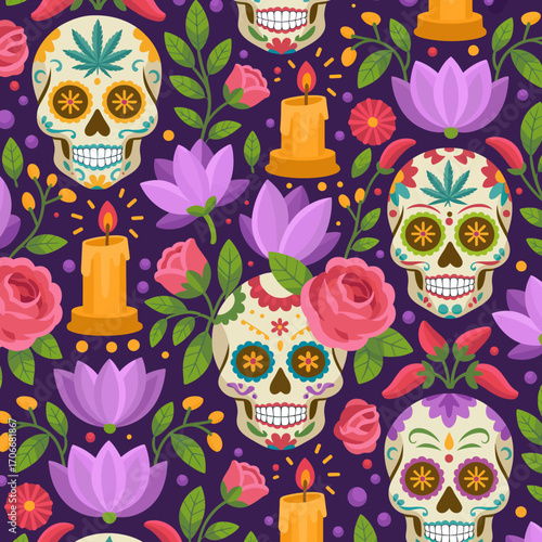 A captivating pattern that features colorful skulls surrounded by lotus flowers and candles, reflecting the celebration of life and death during Día de los Muertos festivities.