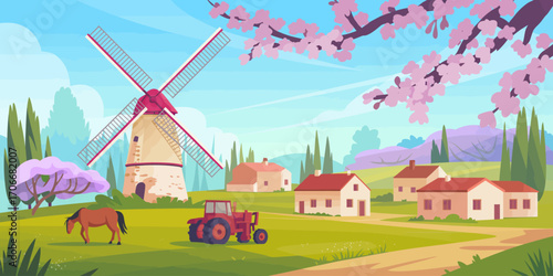A tranquil rural landscape showcasing a horse grazing near a windmill, surrounded by blooming trees and houses, capturing the essence of idyllic countryside life.