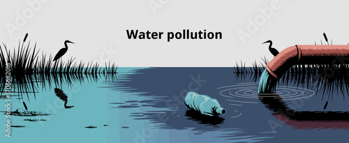 An artistic representation of a single-use plastic bottle on the shore of a polluted water body, illustrating the human impact on nature and the consequences of waste.