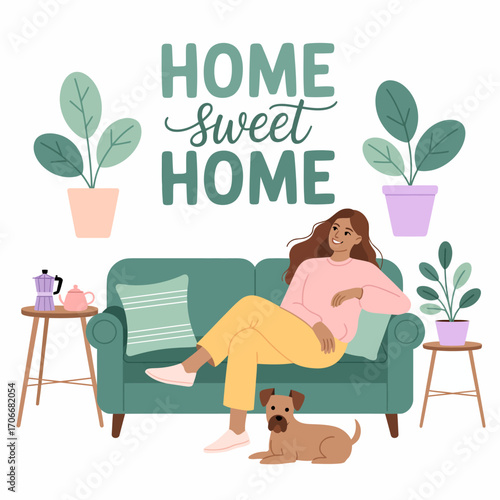 The image captures a relaxed woman sitting with her dog on the couch, conveying feelings of warmth, comfort, and intimate companionship in a tranquil setting.