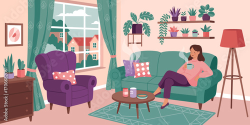 A serene living room scene showcasing a woman enjoying a cup of coffee on a green couch with colorful cushions, surrounded by plants and a peaceful outdoor view.