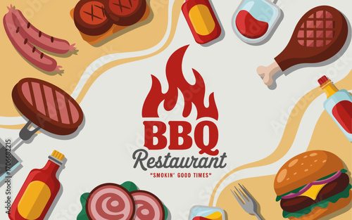 A collection of grilled meats, burgers, and condiments presented in a dynamic layout, encapsulating the lively atmosphere of BBQ gatherings and communal enjoyment.