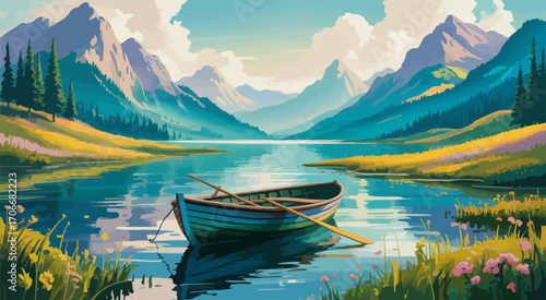 This delightful image features a vibrant green landscape with a small boat floating peacefully on the glassy lake waters, surrounded by picturesque mountains and blooming flowers.
