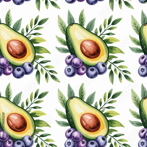 An intricate and whimsical pattern featuring avocados and blueberries with lush greenery, reflecting a playful and fresh design perfect for any decor theme.