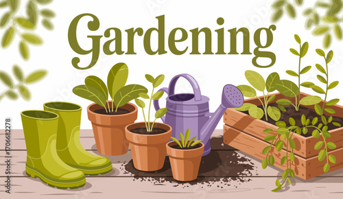 A charming design showcasing stylish gardening tools, pots of blooming plants, and a watering can, representing the love for gardening and nature's beauty.