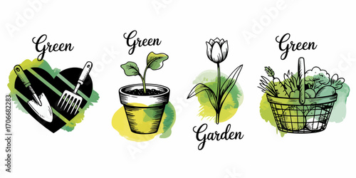 An elegant composition showcases gardening tools and plants, featuring a tulip and a vibrant basket which epitomize the relationship between humans and the gardening lifestyle.