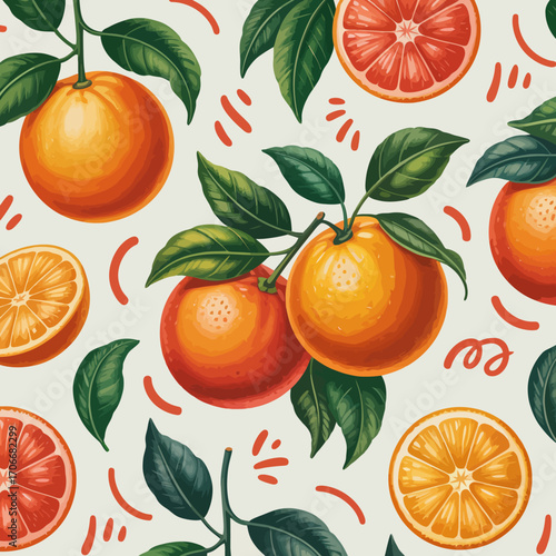 This attractive pattern showcases visually appealing oranges alongside lush leaves, creating a bright and cheerful design that promotes feelings of freshness and vitality.
