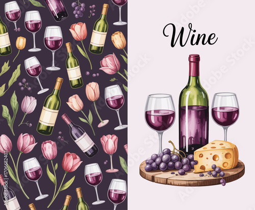 A vibrant pattern filled with wine bottles and colorful tulips, creating a festive and lively visual theme perfect for wine enthusiasts and event promotions.