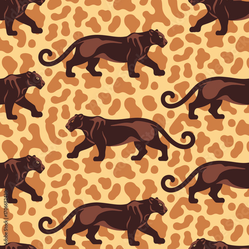 A seamless pattern showcasing dynamic black panthers in motion over an artistic background, signifying power, beauty, and a connection to the wild through design.