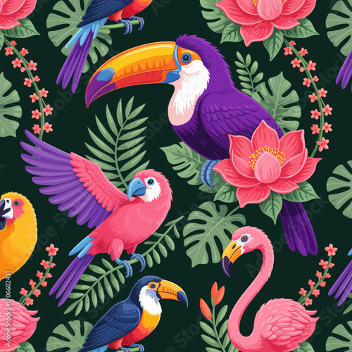 An artistic representation showcasing a variety of colorful birds interspersed with tropical flora, capturing the lively spirit of wildlife and nature's beauty.