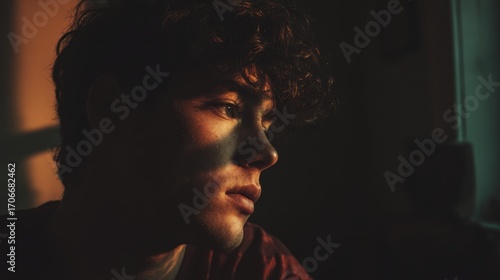 Serene Contemplation: A young man sits beside a window, bathed in the soft glow of sunlight, lost in deep thought. capturing moment of quiet reflection, contemplation, and inner peace.